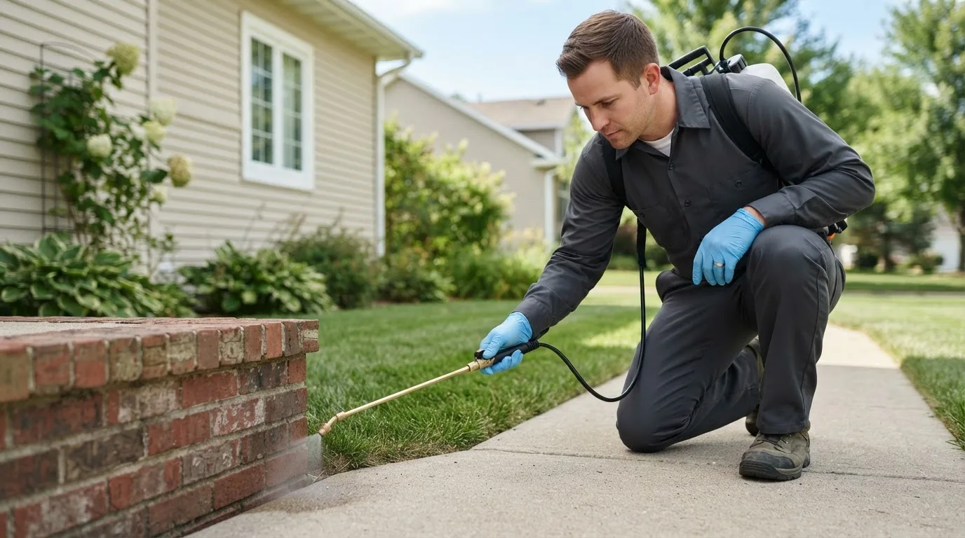 Pest control technician treating a home near Lorraine, KS